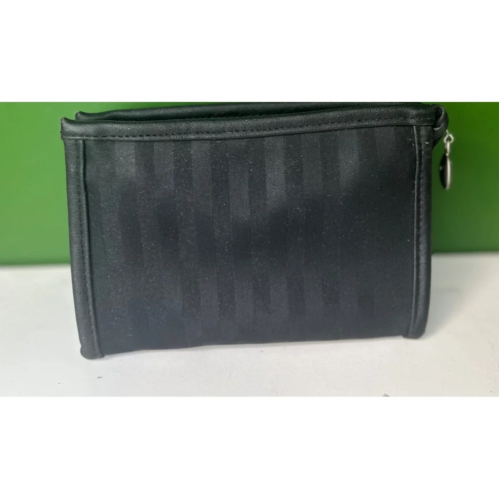 Christian Dior Parfums Black Striped Cosmetic Makeup Pouch Bag Logo Zipper Pull